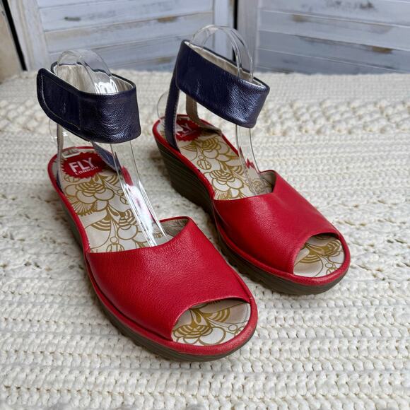 FLY LONDON Women's 40 US 9 YULA Leather Wedge Sandal Red Pewter Ankle Strap - Picture 4 of 16